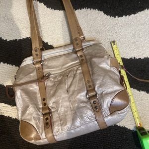 MZ Wallace Tribeca bag, leather trimmed beige metallic fabric